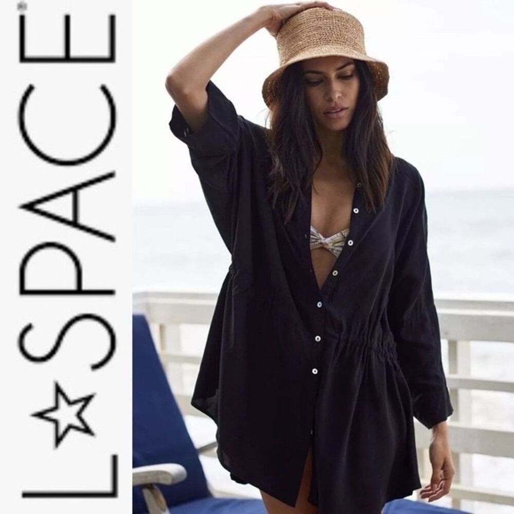 L*Space Pacifica Tunic Cover Up Black Button Front Mini Dress M/L